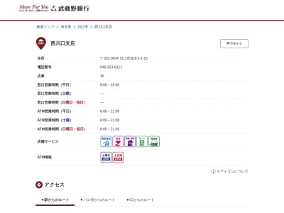 ランキング第10位はクチコミ数「1件」、評価「4.4」で「武蔵野銀行西川口支店」